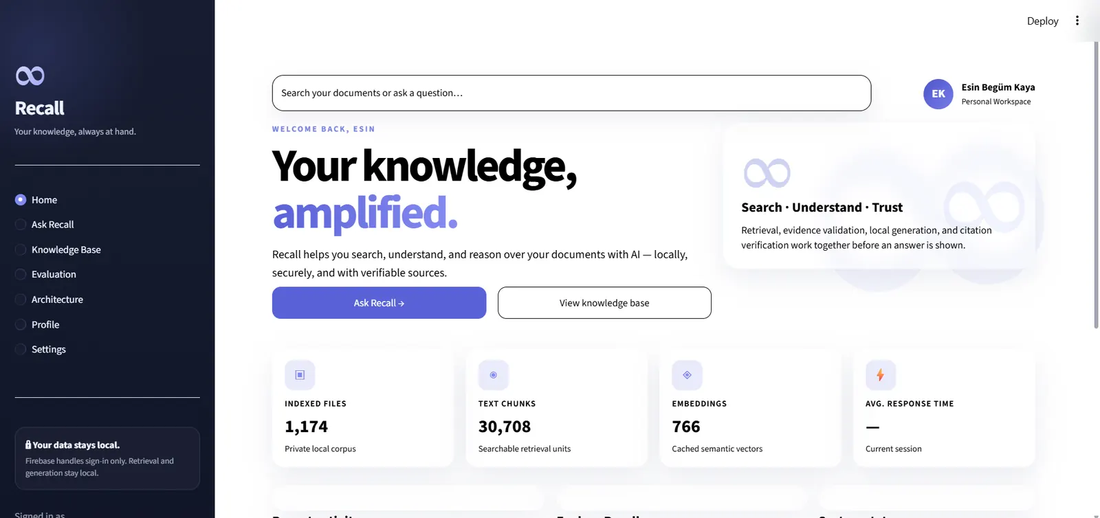 Recall ana paneli: indekslenen dosya, metin parçası ve embedding sayıları